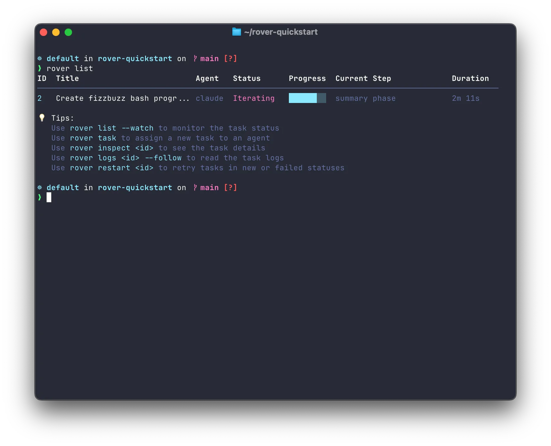 Screenshot showing the Rover CLI showing the same information as the VSCode extension